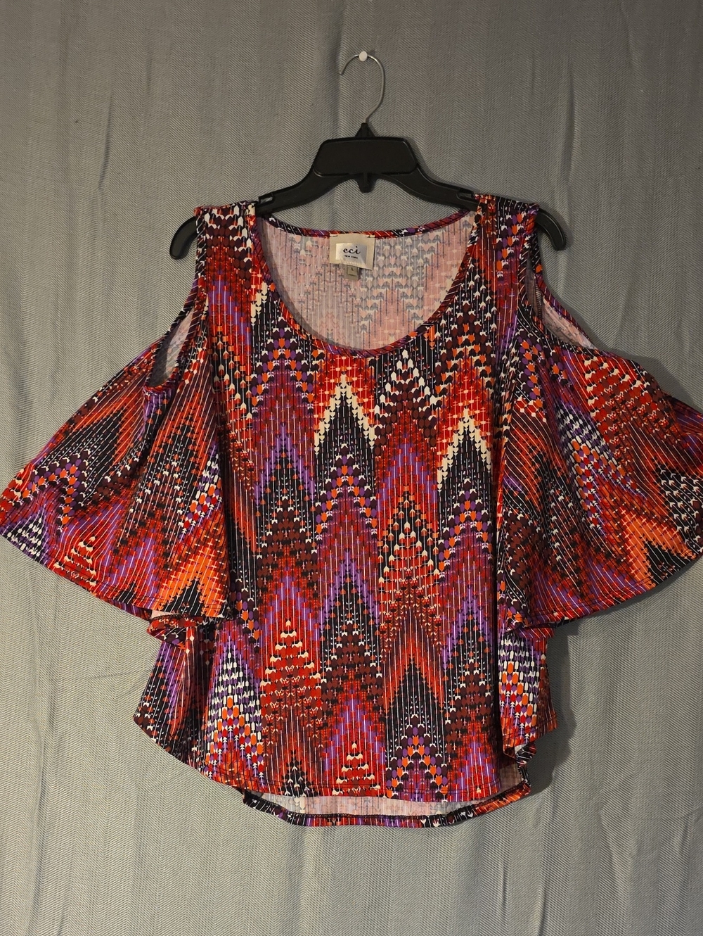 ECI Red Purple Multi Cold-Shoulder Flutter Sleeve Blouse